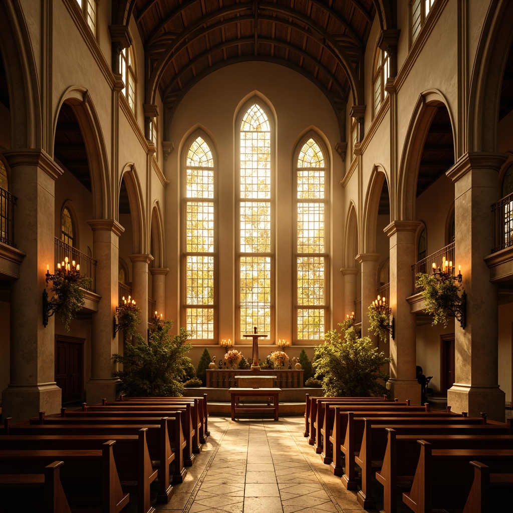 Prompt: Sacred chapel, stunning stained glass windows, warm golden light, soft diffused illumination, ornate chandeliers, candlelit ambiance, vaulted ceilings, grandiose architecture, intricate stone carvings, serene atmosphere, peaceful silence, morning dew, gentle sunbeams, subtle shadows, high contrast ratio, realistic textures, ambient occlusion, 1/1 composition, symmetrical framing.