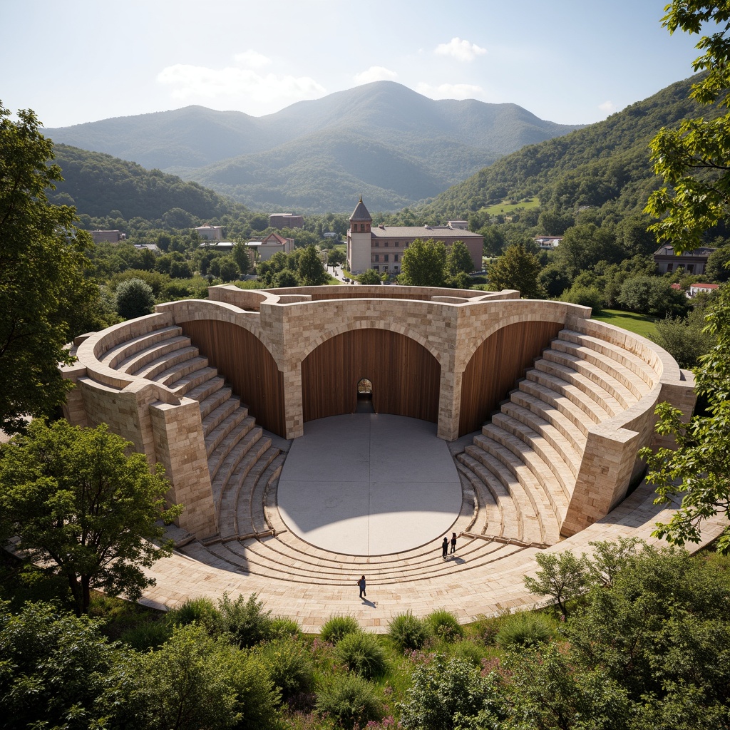 Prompt: Amphitheater stage, experimental architecture, undulating curves, tiered seating, natural stone walls, wooden accents, resonant acoustic panels, sound-absorbing materials, circular shape, open-air setting, lush greenery, surrounding hills, sunny day, soft warm lighting, shallow depth of field, 3/4 composition, panoramic view, realistic textures, ambient occlusion.