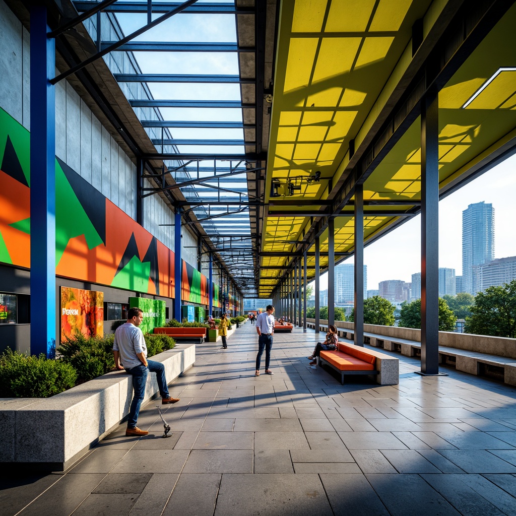 Prompt: Vibrant bus station, urban landscape, modern architecture, sleek metal beams, bold color scheme, bright yellow accents, deep blue tones, energetic orange hues, lime green highlights, geometric patterns, abstract murals, futuristic LED lighting, dynamic digital displays, comfortable seating areas, natural stone flooring, glass roofs, open spaces, cityscape views, sunny day, soft warm lighting, shallow depth of field, 3/4 composition, panoramic view, realistic textures, ambient occlusion.