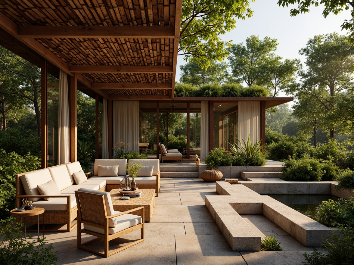 Prompt: Earthy cabin, reclaimed wood accents, living roof, lush greenery, bamboo flooring, natural stone walls, earthy color palette, organic textures, rattan furniture, woven baskets, linen fabrics, soft warm lighting, shallow depth of field, 3/4 composition, panoramic view, realistic reflections, ambient occlusion.