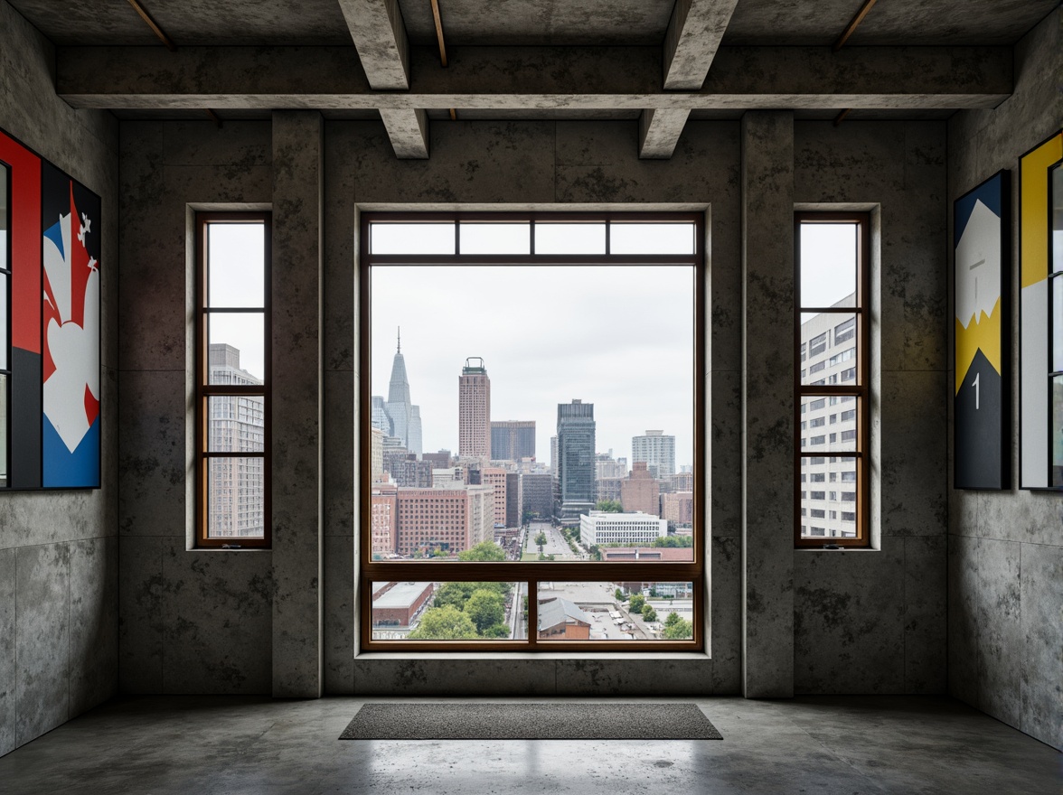 Prompt: Geometric window frames, rectangular shapes, primary color schemes, industrial materials, steel beams, concrete walls, minimalist decor, functional simplicity, urban cityscape, overcast sky, dramatic shadows, high contrast lighting, 1/1 composition, symmetrical architecture, brutalist elements, monochromatic color palette, abstract patterns, modernist typography, ornate metalwork details, avant-garde aesthetics.