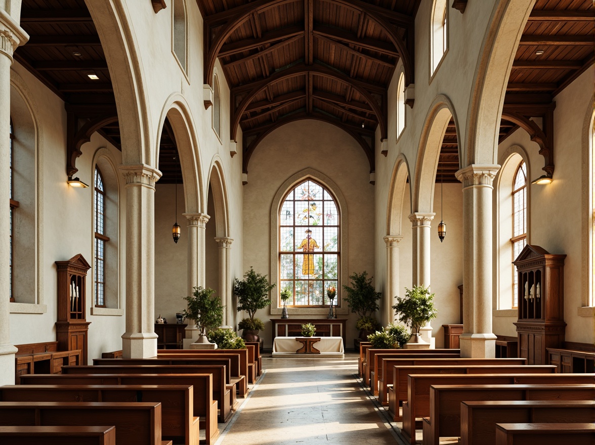 Prompt: Vaulted ceilings, stained glass windows, natural stone walls, wooden pews, ornate altars, spiritual symbols, soft warm lighting, subtle color transitions, earthy tones, moss-covered roofs, curved lines, organic shapes, minimal ornamentation, serene atmosphere, peaceful ambiance, warm beige hues, rich brown wood accents, soft cream-colored marble, gentle golden light, shallow depth of field, 1/1 composition, intimate focal length, realistic textures, ambient occlusion.