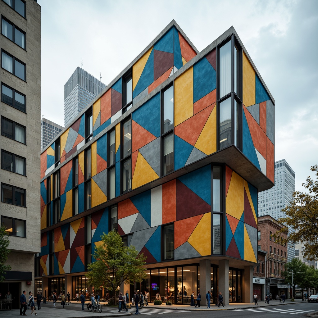 Prompt: Geometric constructivist building, brutalist concrete textures, industrial metal accents, bold angular lines, vibrant primary colors, abstract geometric patterns, intricate mosaic details, urban cityscape backdrop, cloudy overcast sky, dramatic high-contrast lighting, deep depth of field, 1/2 composition, cinematic camera angle, realistic weathering effects, ambient occlusion.