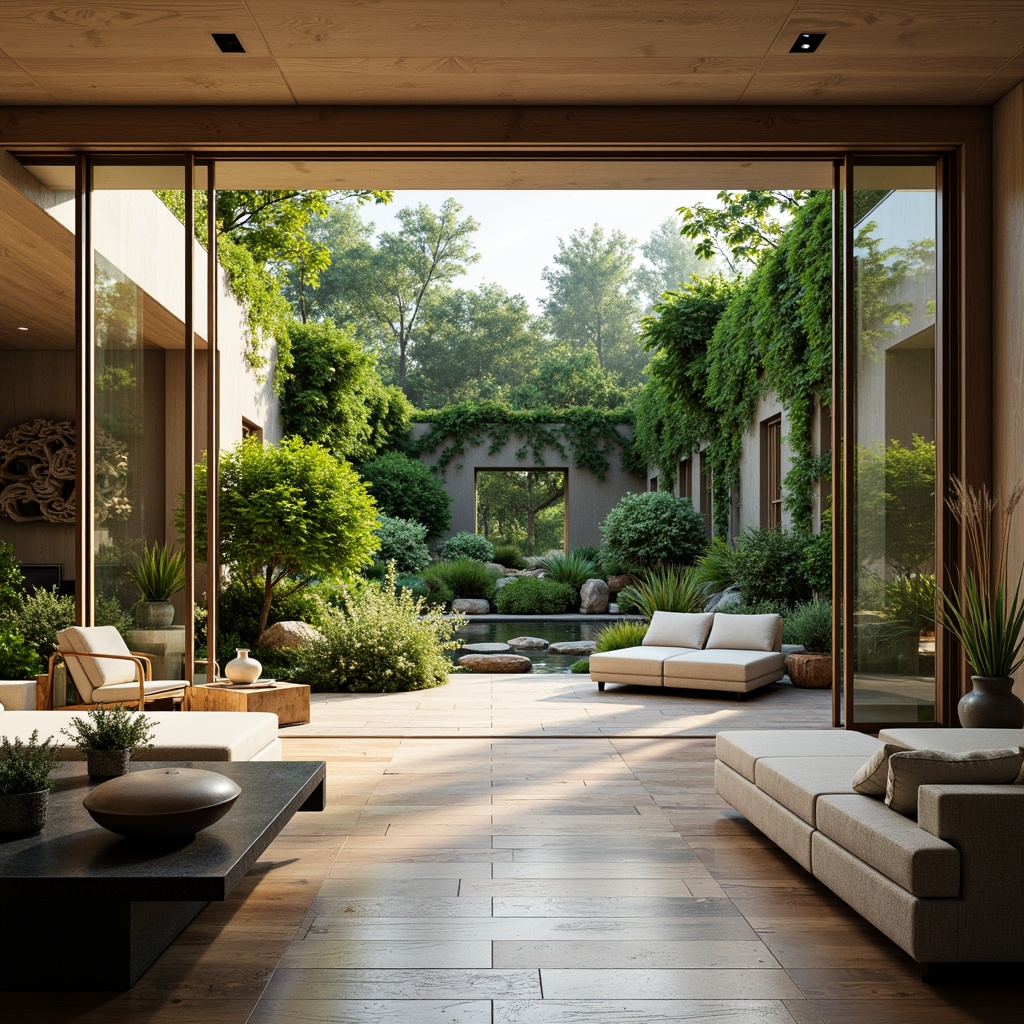 Prompt: Sliding glass doors, seamless transitions, blurred boundaries, natural light infusion, airy atriums, lush green walls, vibrant indoor plants, polished wooden floors, minimalistic decor, open-plan living, spacious interiors, effortless circulation, fluid connectivity, harmonious color palette, warm ambient lighting, cozy reading nooks, expansive outdoor views, serene garden escapes, gentle breeze whispers, soothing water features, organic textures, earthy tones.