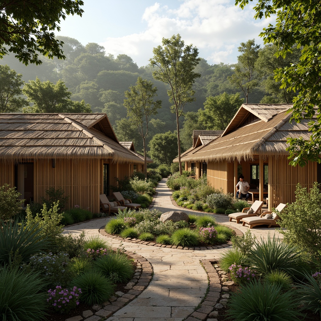 Prompt: Eco-friendly village, bamboo houses, thatched roofs, natural stone walls, reclaimed wood accents, living green walls, organic gardens, solar panels, wind turbines, rainwater harvesting systems, composting toilets, recycled glass windows, earthy color palette, warm soft lighting, shallow depth of field, 3/4 composition, realistic textures, ambient occlusion.