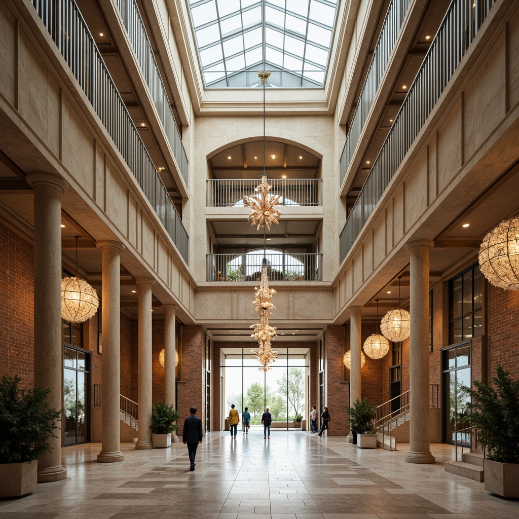 Prompt: Grand courthouse entrance, majestic stone columns, ornate metal gates, fusion of modern and historic styles, sleek glass atriums, rustic brick facades, polished granite floors, intricate wood carvings, regal staircases, lavish chandeliers, natural light pouring through skylights, warm beige color schemes, subtle texture variations, shallow depth of field, 1/2 composition, softbox lighting, realistic reflections.