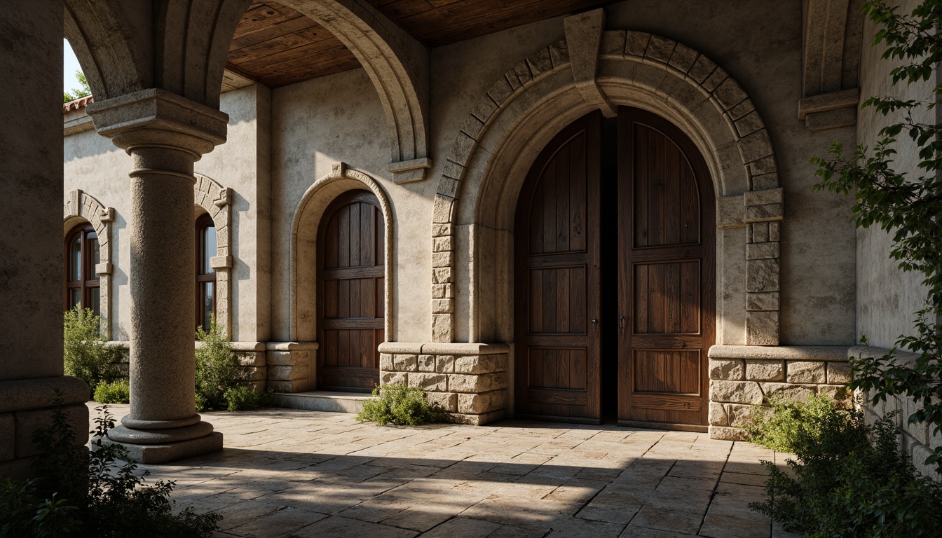 Prompt: Rustic Romanesque architecture, weathered concrete walls, distressed stone textures, ornate carvings, grand archways, heavy wooden doors, intricate stonework patterns, moss-covered stones, aged bronze details, dramatic lighting, low-key ambiance, shallow depth of field, 2/3 composition, realistic render, ambient occlusion.