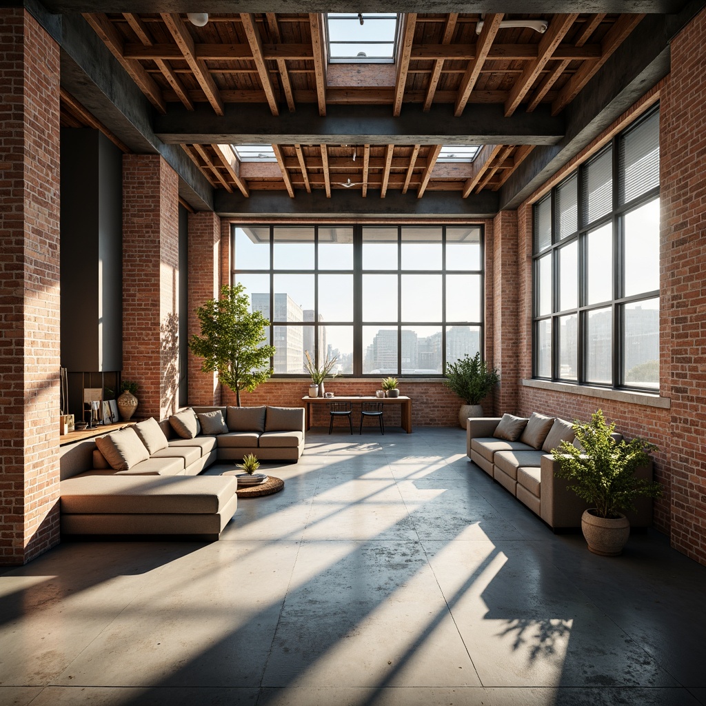 Prompt: Industrial chic loft space, exposed brick walls, polished concrete floors, minimalist decor, floor-to-ceiling windows, clerestory windows, skylights, open-plan layout, airy atmosphere, natural light pouring in, urban cityscape views, morning sunlight, soft warm glow, shallow depth of field, 1/1 composition, panoramic view, realistic textures, ambient occlusion.