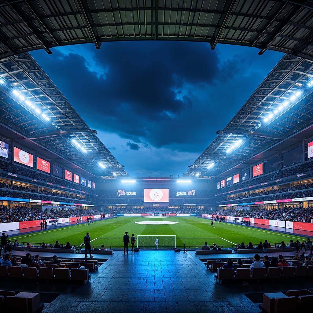 Prompt: Futuristic soccer stadium, neon-lit facade, iridescent metal panels, holographic advertisements, translucent canopies, sleek angular lines, aerodynamic curves, glowing blue accents, luminescent pathways, metallic mesh surfaces, high-tech scoreboards, retractable roofs, cantilevered upper decks, vibrant LED lighting, atmospheric misting systems, 3D-printed structural elements, kinetic architectural features, holographic player projections, dynamic crowd simulations, immersive audio experiences, shallow depth of field, panoramic views.