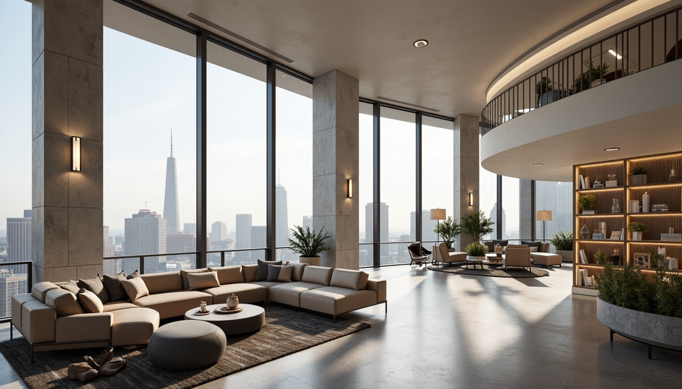 Prompt: Luxurious penthouse, sleek modern architecture, floor-to-ceiling windows, stunning cityscape views, sophisticated neutral tones, creamy whites, rich charcoal grays, warm beige accents, metallic silver highlights, lavish marble textures, plush velvet furnishings, atmospheric soft lighting, 1/1 composition, realistic reflections, detailed interior design elements.