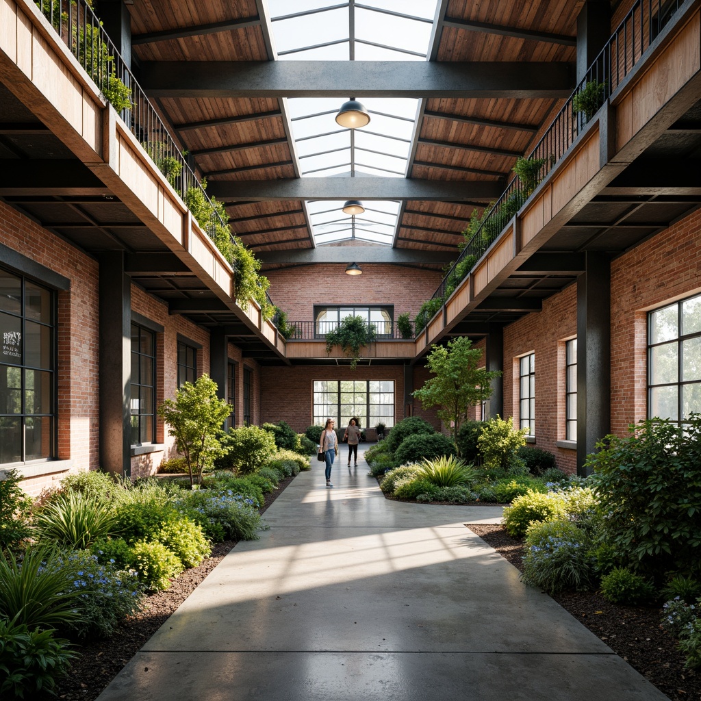 Prompt: Abandoned warehouse, industrial heritage, exposed brick walls, metal beams, reclaimed wood accents, adaptive reuse, sustainable design, green roofs, solar panels, wind turbines, rainwater harvesting systems, living walls, urban agriculture, vertical farming, hydroponic systems, natural ventilation, clerestory windows, skylights, abundant natural light, flexible open spaces, collaborative workspaces, minimalist aesthetic, recycled materials, low-carbon footprint, eco-friendly finishes, warm neutral color palette, soft diffused lighting, 1/1 composition, shallow depth of field, realistic textures, ambient occlusion.