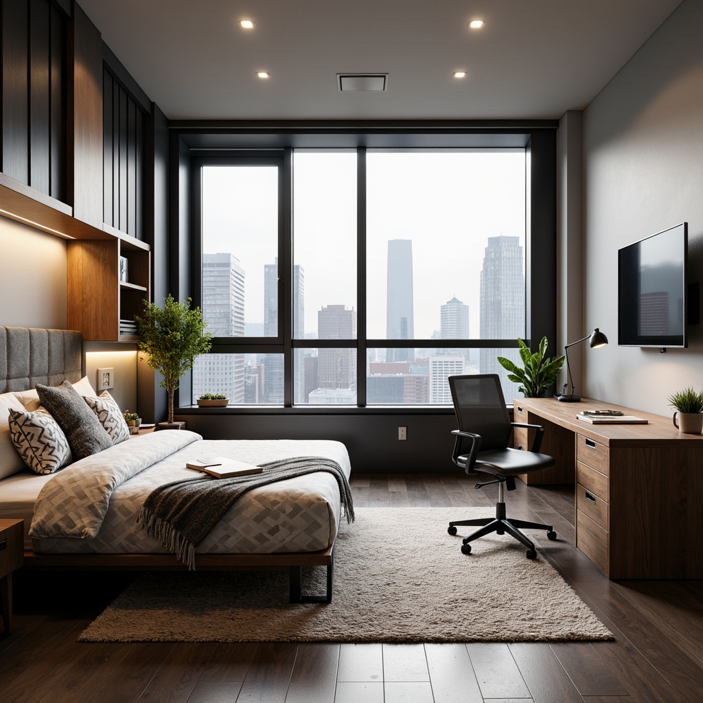 Prompt: Minimalist dorm room, neutral color palette, sleek metal frames, ergonomic furniture, compact storage solutions, plush area rug, modern LED lighting, floor-to-ceiling windows, cityscape views, cozy reading nook, geometric-patterned bedding, industrial-chic decor, wooden accents, soft warm ambiance, shallow depth of field, 1/1 composition, realistic textures, ambient occlusion.