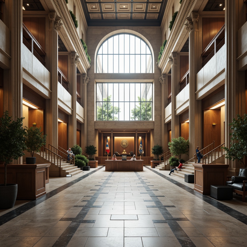 Prompt: Grand courthouse entrance, ornate columns, symmetrical facade, fusion of modern and classical styles, spacious atrium, natural light pouring in, elegant staircases, polished marble floors, wooden accents, judicial chambers, courtrooms with elevated judges' benches, witness stands, lawyers' desks, spectator seating areas, advanced audiovisual systems, subtle ambient lighting, 1/2 composition, shallow depth of field, realistic textures, ambient occlusion.