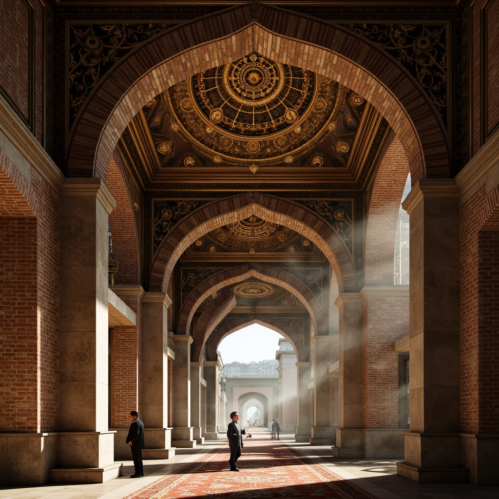 Prompt: Byzantine-style arches, ornate carvings, golden mosaics, domed ceilings, grand entranceways, intricate stone patterns, rustic brick walls, vaulted roofs, majestic columns, ornamental capitals, richly colored textiles, warm candle lighting, atmospheric mist, dramatic shadows, 1/2 composition, symmetrical framing, realistic textures, ambient occlusion.