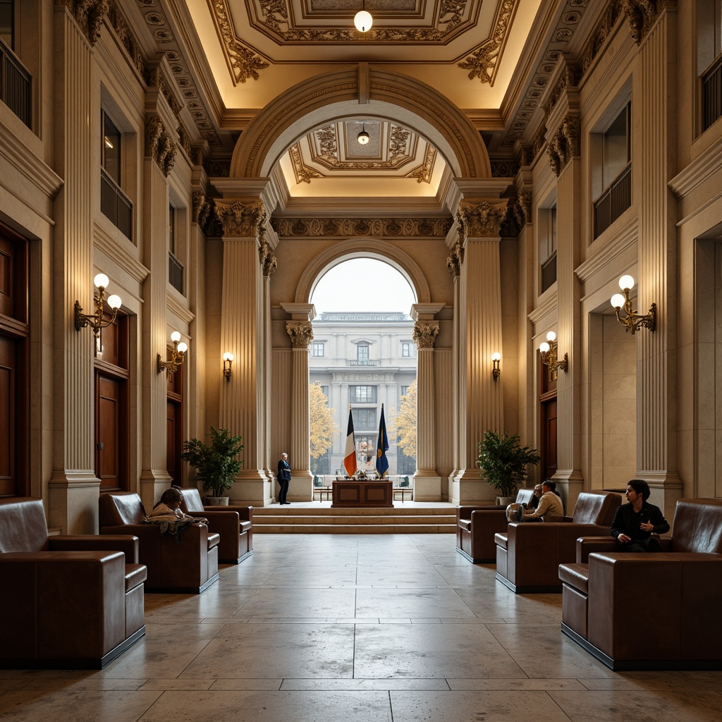 Prompt: Majestic courthouse, neoclassical architecture, grand entrance, symmetrical facade, columns, arches, ornate details, beige limestone walls, dark wood accents, rich leather upholstery, polished brass fixtures, subtle warm lighting, natural stone flooring, high ceilings, solemn atmosphere, 3/4 composition, shallow depth of field, realistic textures, ambient occlusion.