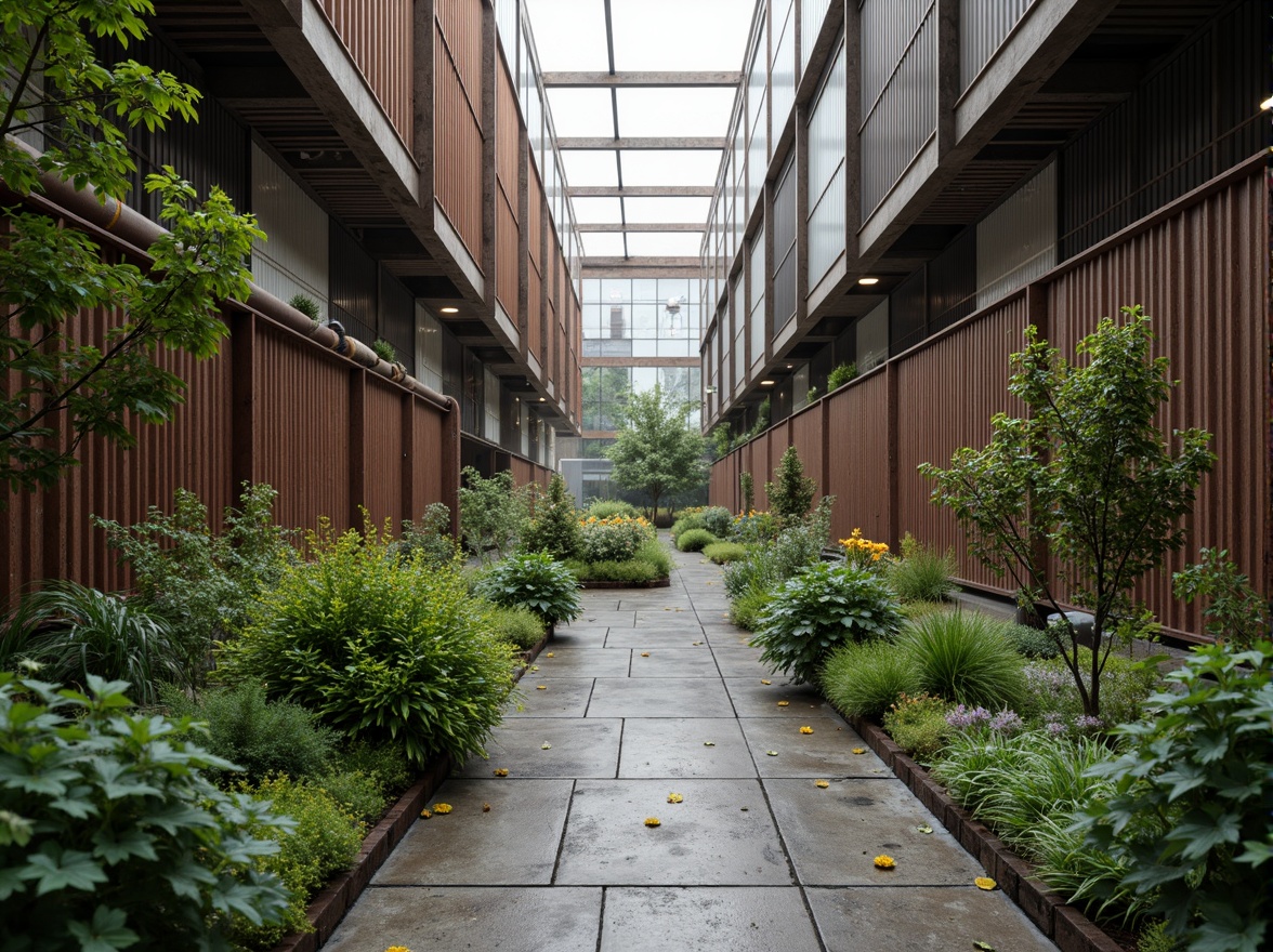 Prompt: Industrial warehouse landscape, rustic metal fa\u00e7ade, reclaimed wood accents, living green walls, lush rooftop gardens, vibrant wildflowers, weathered steel beams, exposed ductwork, polished concrete floors, natural stone pathways, ambient industrial lighting, shallow depth of field, 1/2 composition, cinematic camera angles, realistic textures, atmospheric fog effects.