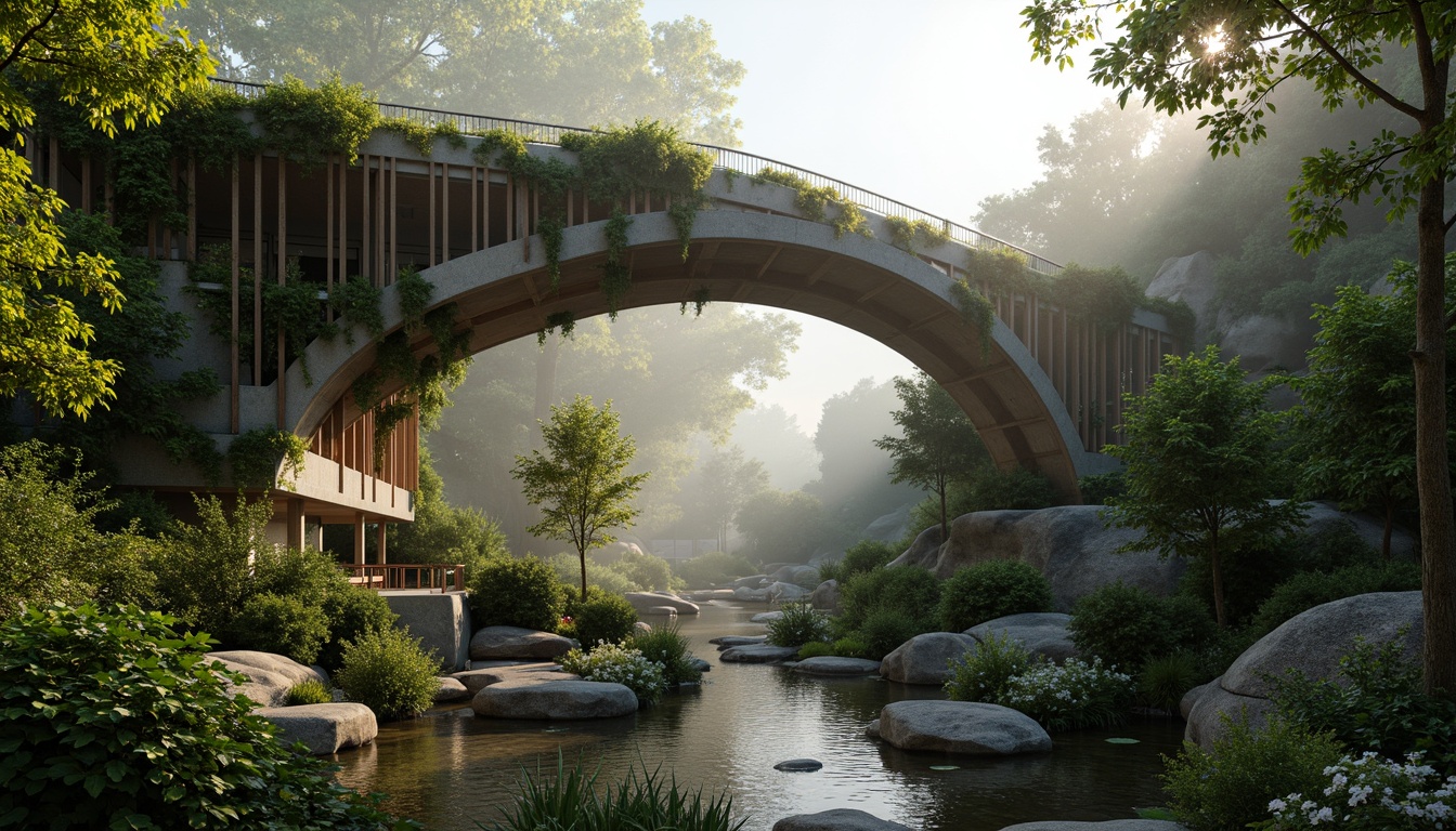 Prompt: Curved bridge silhouette, organic shapes, lush greenery, vines crawling, floral patterns, natural stone walls, wooden accents, water features, gentle streams, misty atmosphere, warm soft lighting, shallow depth of field, 1/1 composition, panoramic view, realistic textures, ambient occlusion, futuristic yet earthy tone, harmonious blend of nature and architecture.