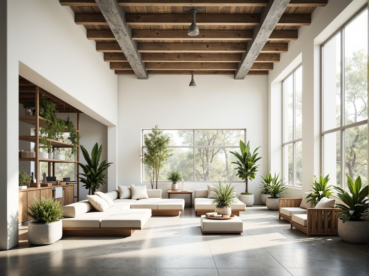 Prompt: Minimalist interior, white walls, polished concrete floors, sleek furniture, floor-to-ceiling windows, abundant natural light, soft warm glow, indirect sunlight, subtle shadows, industrial chic accents, metal beams, reclaimed wood decor, greenery installations, potted plants, minimalist color palette, calming atmosphere, shallow depth of field, 1/1 composition, realistic textures, ambient occlusion.