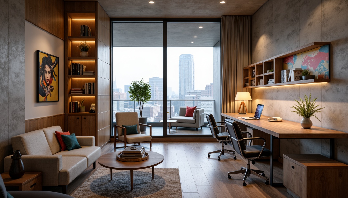 Prompt: Modern dorm room, minimalist decor, sleek furniture, built-in storage, compact desks, ergonomic chairs, soft warm lighting, floor-to-ceiling windows, cityscape views, urban ambiance, concrete walls, polished wood floors, geometric patterns, bold accent colors, cozy reading nooks, plush area rugs, abstract artwork, functional shelving, space-saving solutions, 1/1 composition, shallow depth of field, realistic textures.