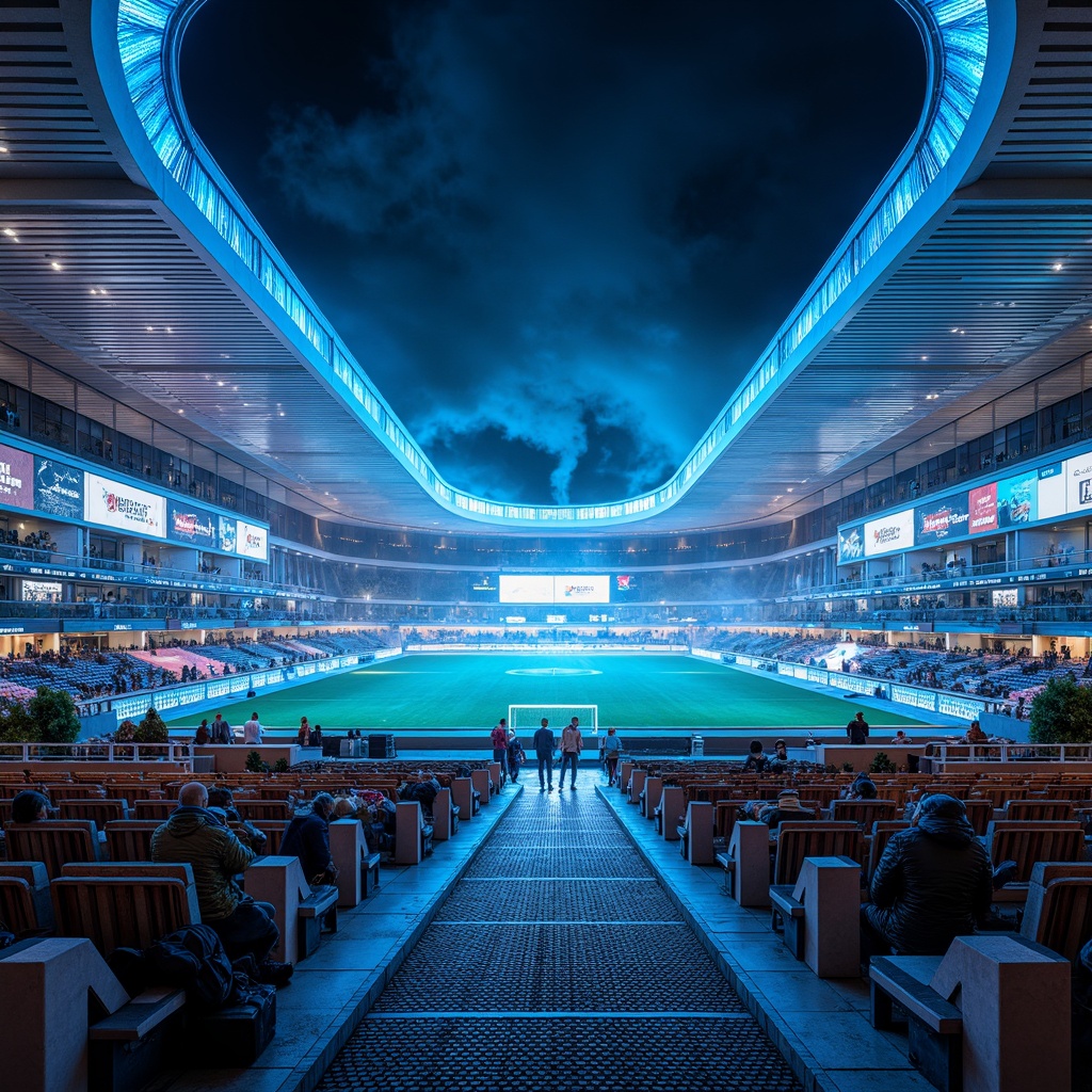 Prompt: Futuristic soccer stadium, iridescent metallic facade, holographic advertisements, neon-lit archways, translucent roofs, glowing accents, high-tech scoreboards, sleek angular lines, reflective glass surfaces, carbon fiber seats, metallic mesh walkways, LED-lit handrails, vibrant electric blue lighting, misty atmospheric effects, shallow depth of field, 3/4 composition, panoramic view, realistic reflections, ambient occlusion.