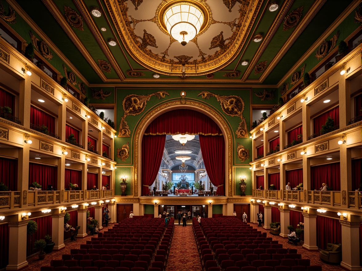 Prompt: Grand opera house, ornate Victorian architecture, rich jewel-toned colors, emerald green walls, ruby red velvet curtains, golden accents, crystal chandeliers, intricate moldings, lavish furnishings, soft warm lighting, shallow depth of field, 3/4 composition, panoramic view, realistic textures, ambient occlusion.