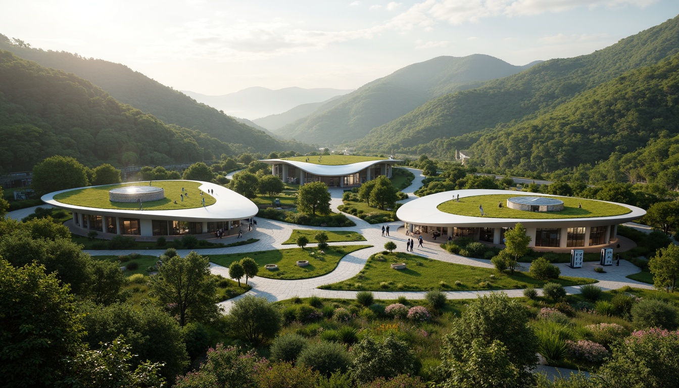 Prompt: Natural hills, rolling terrain, verdant green roofs, organic curves, futuristic blob-like architecture, sleek metallic surfaces, iridescent colors, LED lighting installations, modern gas pumps, minimalist design, integrated landscape, native plant species, meandering pathways, scenic overlooks, eco-friendly materials, solar panels, wind turbines, rainwater harvesting systems, shaded outdoor spaces, misting systems, vibrant colorful accents, dynamic shapes, futuristic ambiance, soft warm lighting, shallow depth of field, 3/4 composition, panoramic view, realistic textures, ambient occlusion.