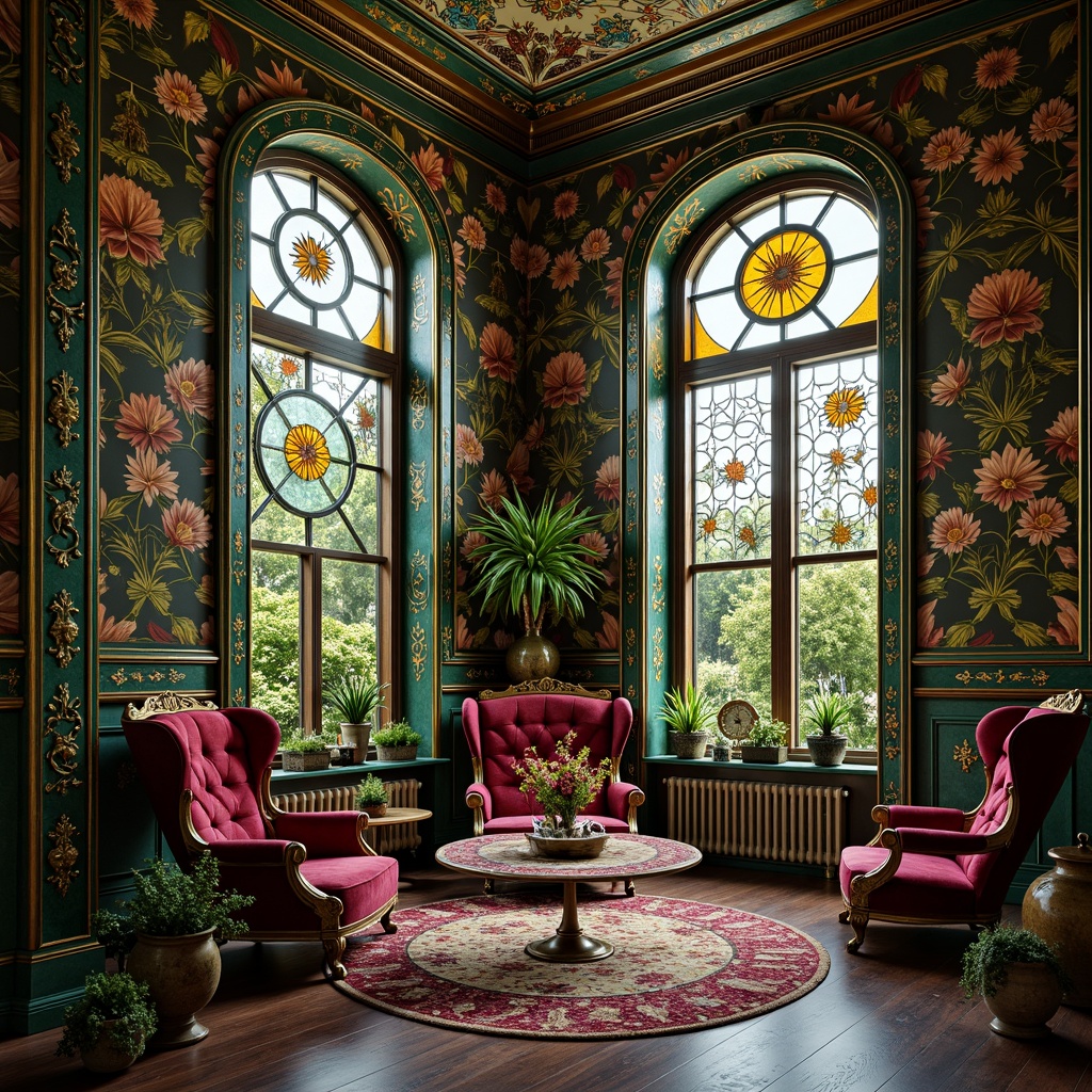 Prompt: Intricate botanical patterns, ornate metalwork, flowing organic lines, vibrant jewel-toned colors, emerald green, sapphire blue, amethyst purple, golden yellow, rich burgundy, luxurious velvet textures, polished brass accents, stained glass windows, whimsical illustrations, dreamy ethereal atmosphere, soft warm lighting, shallow depth of field, 2/3 composition, symmetrical framing, ornate gold leaf details, antique furniture pieces.