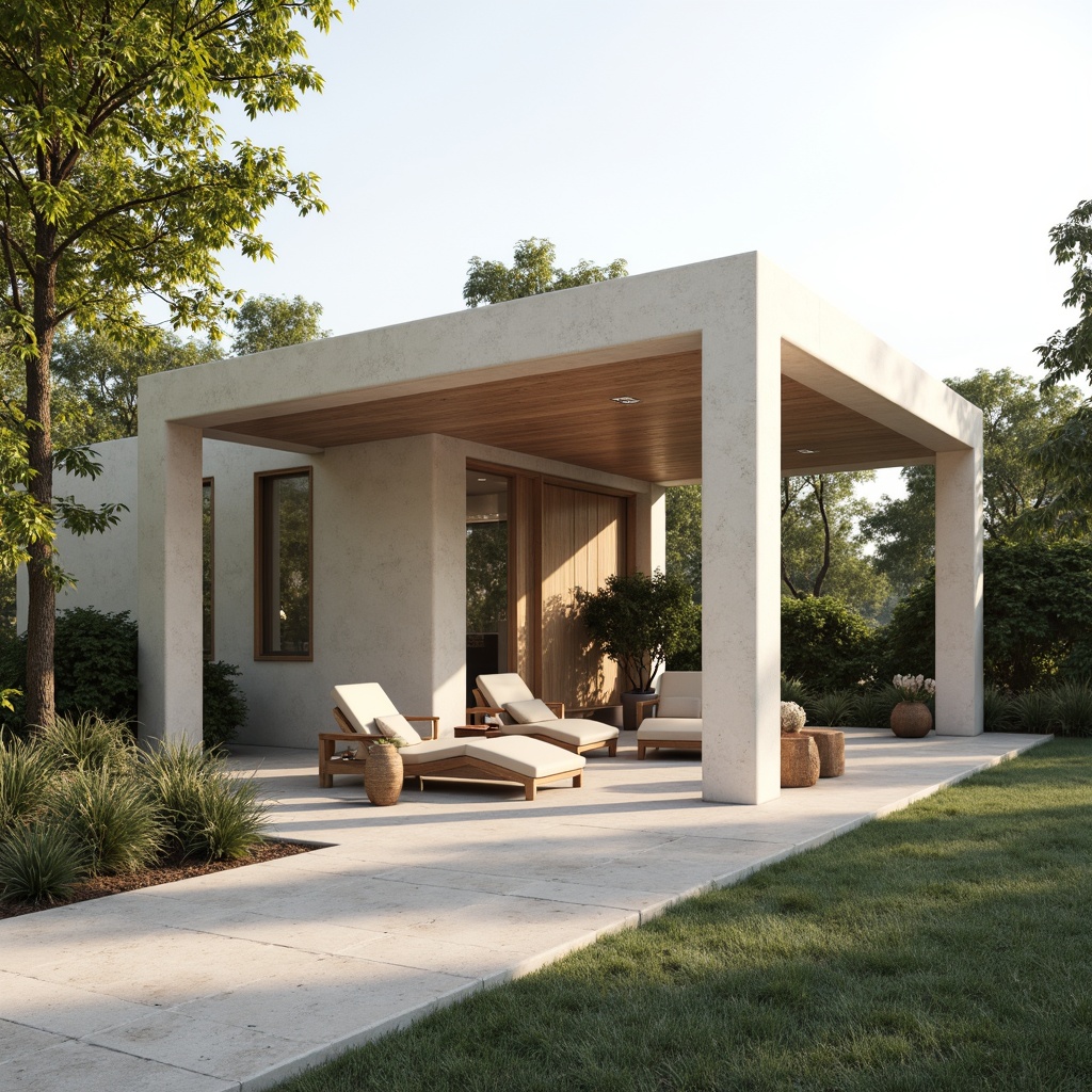 Prompt: Sleek pavilion, minimalist design, neutral color palette, soft whites, creamy beiges, pale grays, subtle wood tones, natural stone textures, greenery accents, lush foliage, calm atmosphere, warm sunlight, soft shadows, shallow depth of field, 1/1 composition, realistic renderings, ambient occlusion, gentle breeze, serene ambiance.