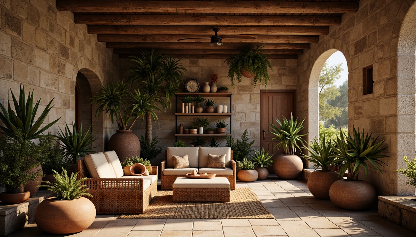 Prompt: Rough-hewn stone walls, distressed wooden planks, rusty metal accents, woven wicker furniture, earthy terracotta pottery, organic natural forms, intricate botanical patterns, warm golden lighting, shallow depth of field, 1/1 composition, realistic textures, ambient occlusion, soft focus, moody atmosphere.