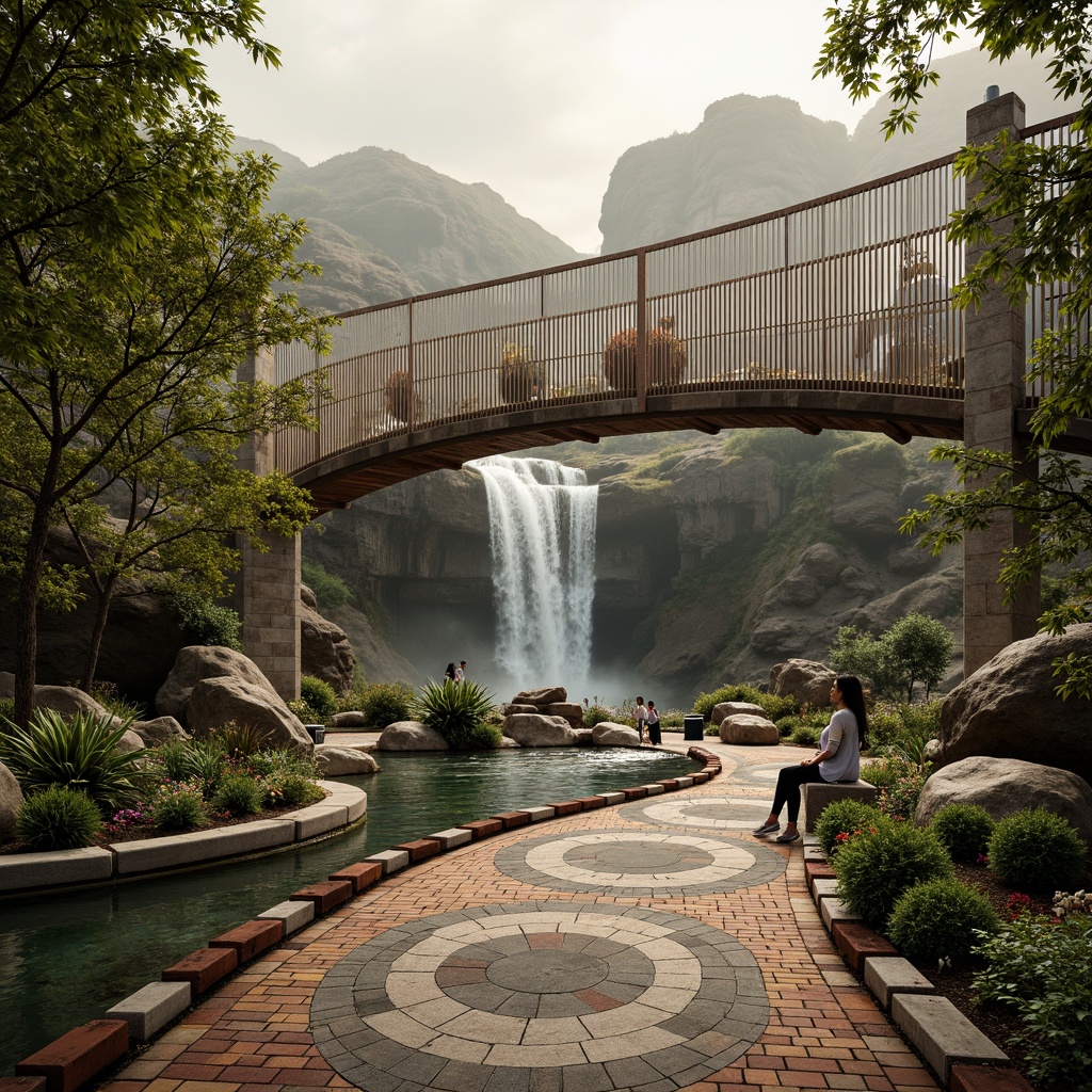 Prompt: Elegant curved bridge, eclectic mix of materials, rustic stone pillars, modern steel cables, ornate iron railings, vibrant colorful tiles, lush greenery, flowing water features, natural rock formations, dramatic waterfall, misty atmosphere, warm golden lighting, soft focus effect, 1/2 composition, atmospheric perspective, high dynamic range, realistic textures, ambient occlusion.