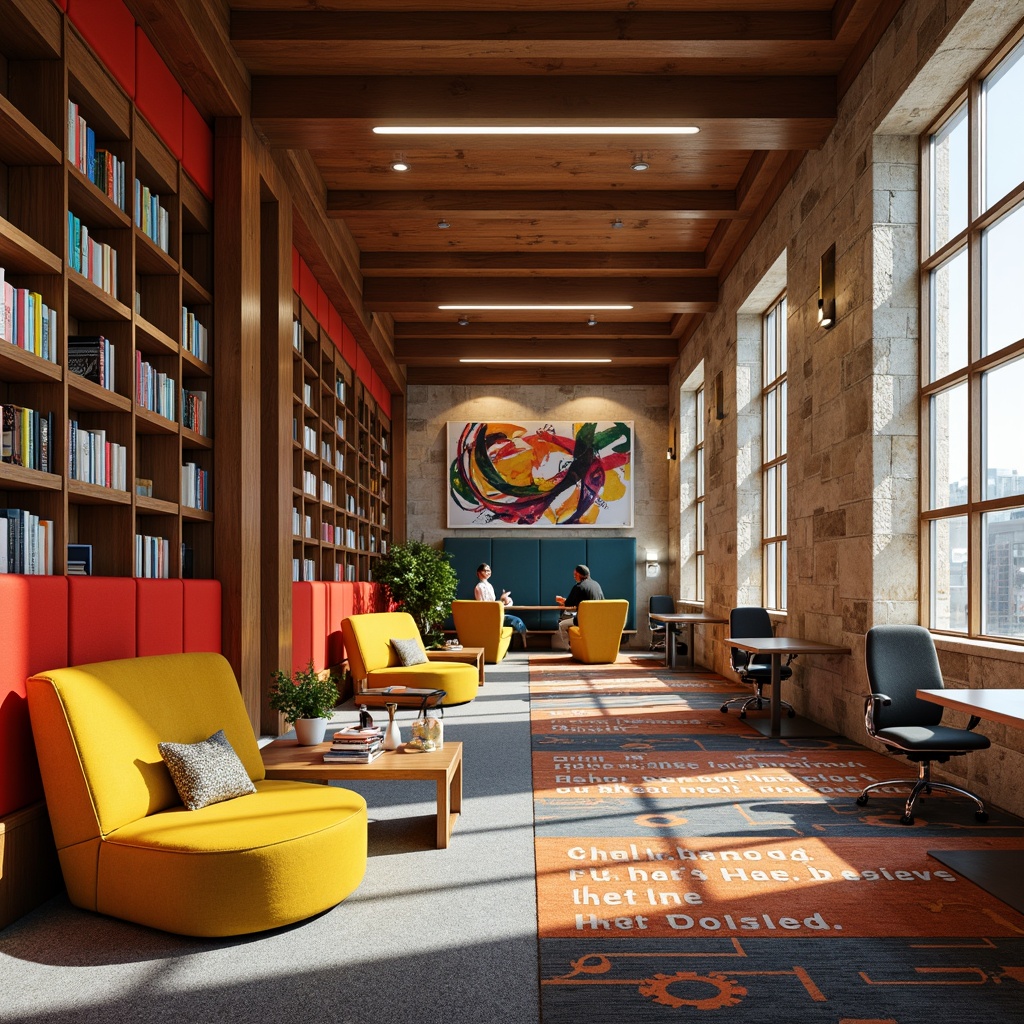 Prompt: Vibrant library interior, rich wood accents, comfortable reading nooks, plush carpets, warm task lighting, cozy study areas, bold colorful bookshelves, modern minimalist furniture, sleek metal tables, ergonomic chairs, inspirational quotes, natural stone walls, floor-to-ceiling windows, soft warm glow, shallow depth of field, 1/1 composition, realistic textures, ambient occlusion.