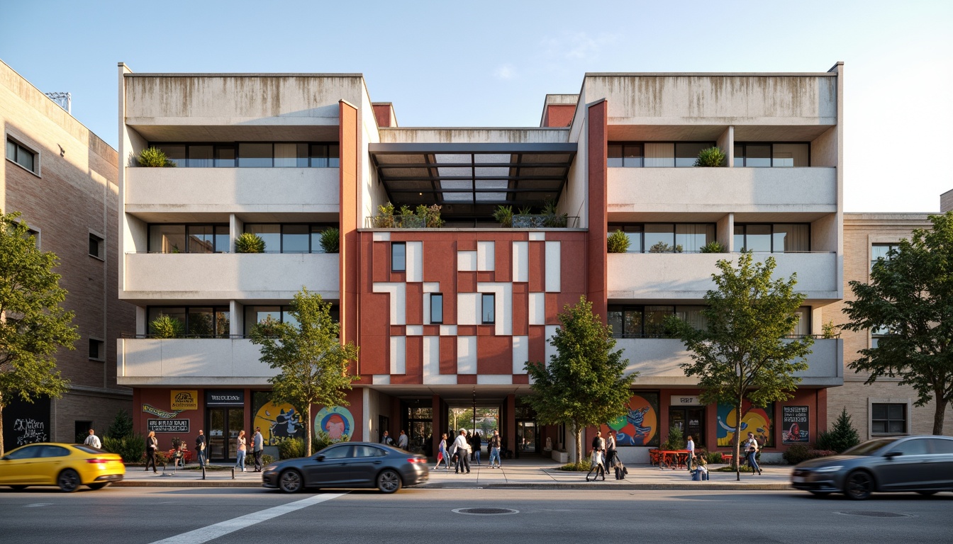 Prompt: Rustic high school facade, brutalist architecture, raw concrete textures, geometric patterns, asymmetrical compositions, bold color blocking, industrial materials, metal accents, minimalist ornamentation, functional design, structured columns, cantilevered rooflines, natural stone cladding, graphic signage, educational murals, vibrant street art, urban cityscape, warm afternoon light, shallow depth of field, 2/3 composition, realistic renderings, ambient occlusion.