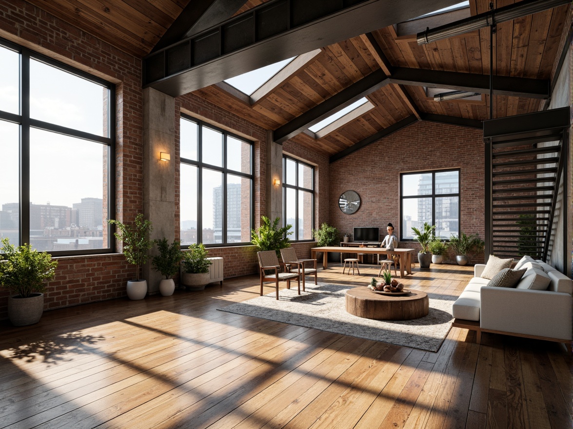 Prompt: Industrial chic loft, exposed brick walls, metal beams, reclaimed wood floors, floor-to-ceiling windows, skylights, clerestory windows, minimalist decor, urban views, cityscape backdrop, soft warm lighting, indirect illumination, natural textures, raw concrete columns, steel staircase, open-plan living, airy atmosphere, abundant daylight, shallow depth of field, 1/1 composition, realistic rendering, ambient occlusion.