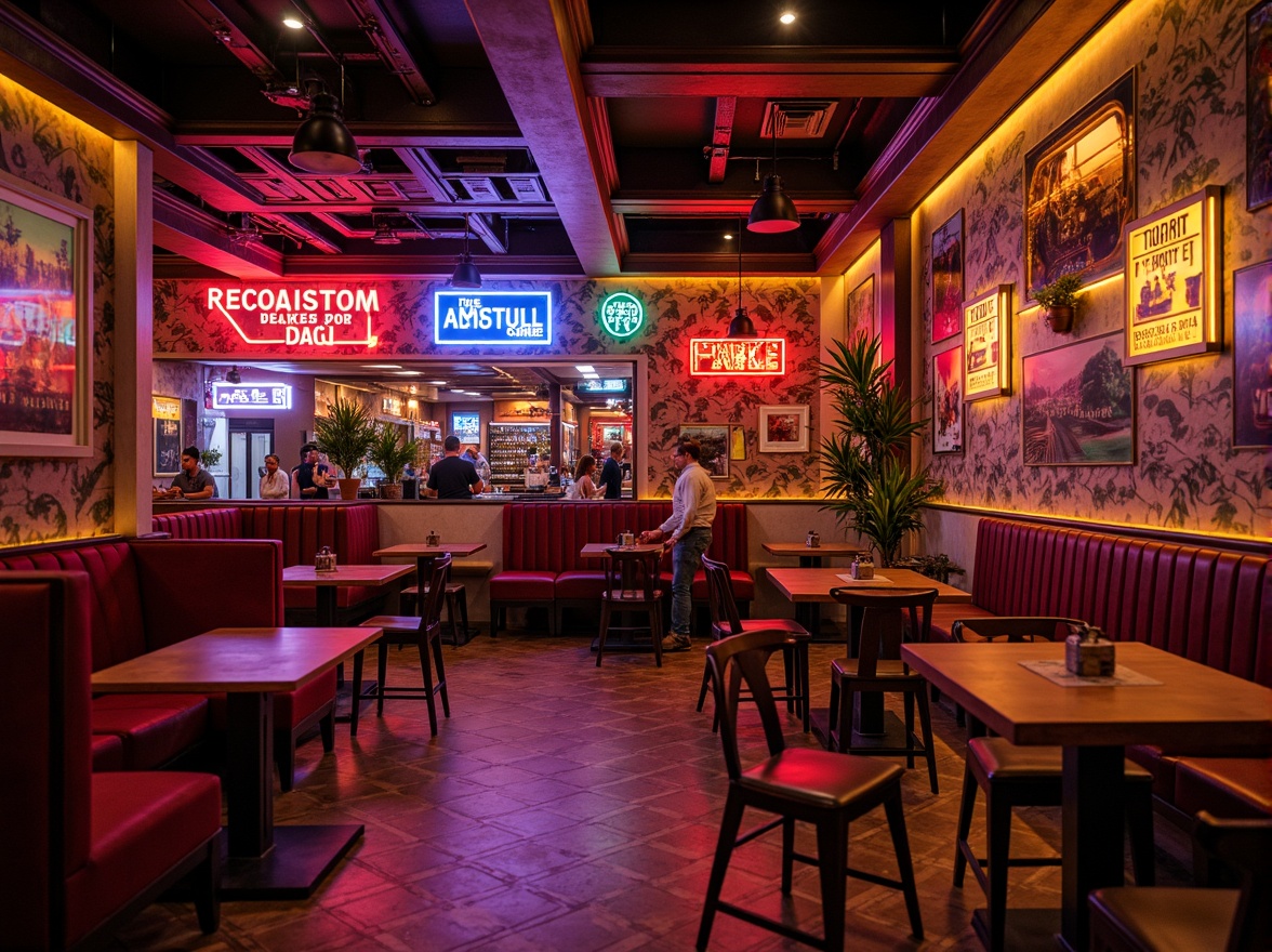 Prompt: Vibrant pub interior, eclectic mix of bold colors, bright neon signs, distressed wood accents, rich velvet fabrics, ornate metal fixtures, warm golden lighting, retro-inspired furniture, abstract geometric patterns, bold typography, eclectic artwork, lively atmosphere, shallow depth of field, 1/1 composition, cinematic lighting, realistic textures, ambient occlusion.