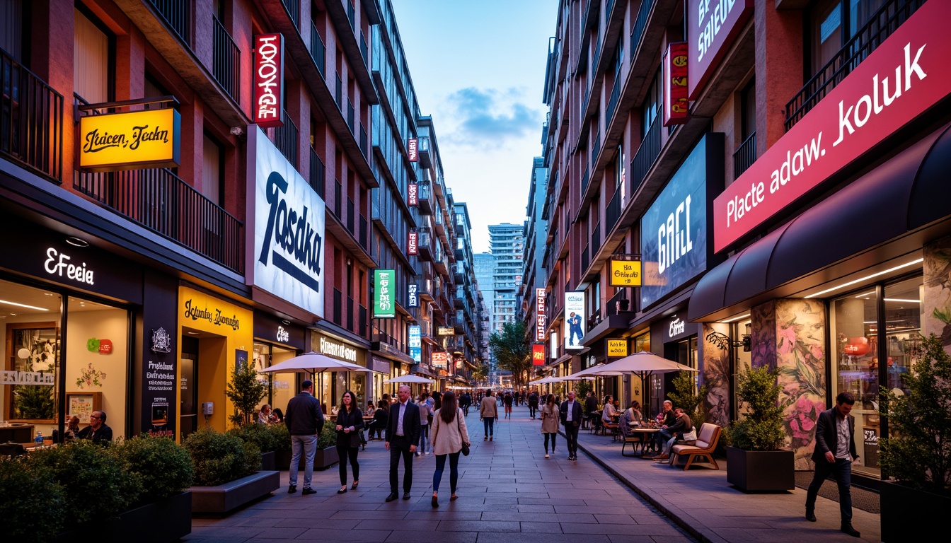 Prompt: Vibrant cityscape, neon lights, bold street art, eclectic architecture, bright graffiti walls, trendy cafes, bustling streets, lively pedestrian traffic, warm sunny day, soft focus, 3/4 composition, cinematic lighting, high contrast, saturated colors, abstract textures, geometric shapes, futuristic vibes.