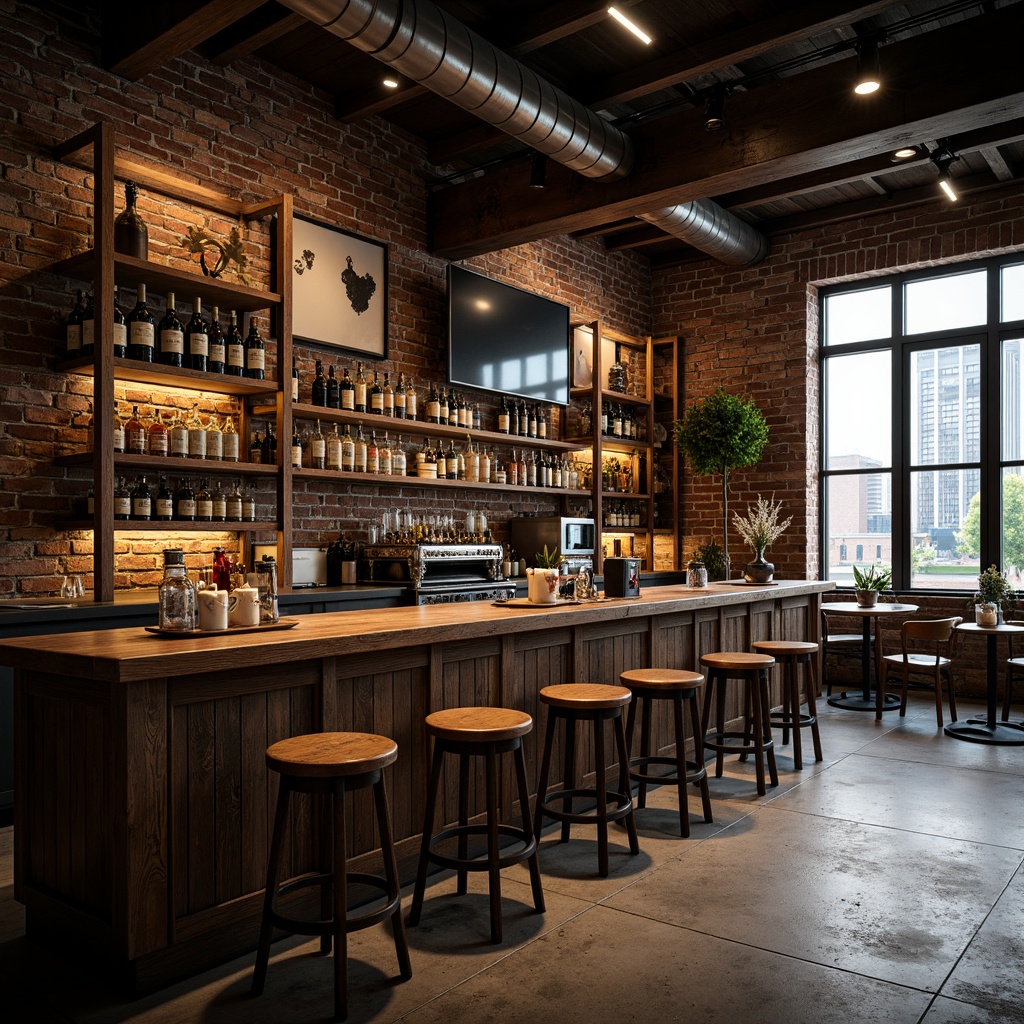 Prompt: Rustic wooden bars, earthy tone brick walls, industrial metal beams, reclaimed wood accents, distressed leather stools, vintage decorative lights, exposed concrete floors, urban cityscape views, moody atmospheric lighting, dramatic shadows, 1/2 composition, cinematic camera angles, gritty realistic textures, ambient occlusion.