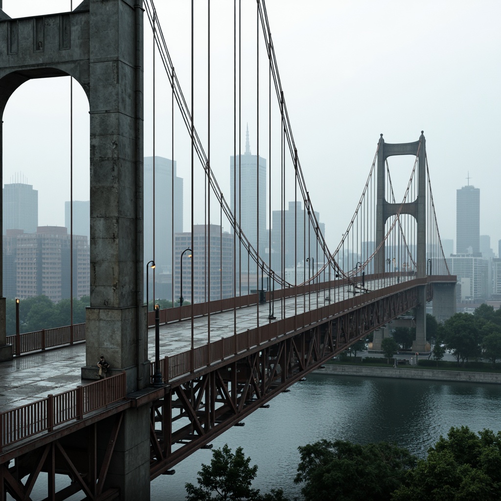 Prompt: Rugged steel bridges, weathered concrete pillars, sturdy suspension cables, robust anchorages, durable road surfaces, high-strength steel alloys, corrosion-resistant coatings, textured aggregate finishes, reinforced composite materials, advanced nanomaterials, futuristic architectural design, strong geometric shapes, angular lines, modern urban landscape, city skyline views, misty morning atmosphere, soft diffused lighting, shallow depth of field, 3/4 composition.