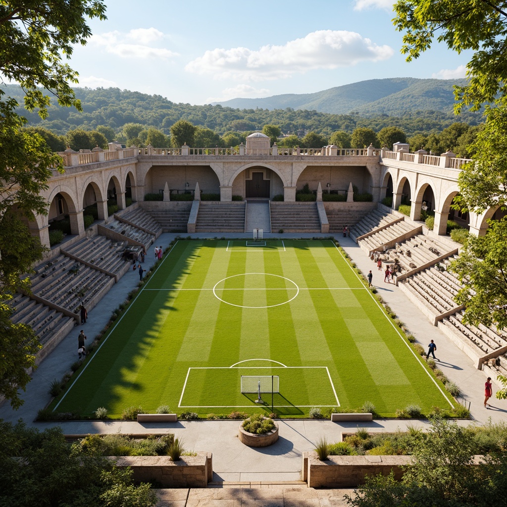 Prompt: Ancient Roman-inspired sports field, rustic stone walls, ornate archways, grandiose columns, vibrant green grass, athletic tracks, soccer goals, tennis courts, basketball hoops, spectator seating, classical fountains, decorative urns, olive trees, Mediterranean landscaping, warm sunny day, soft natural lighting, shallow depth of field, 3/4 composition, panoramic view, realistic textures, ambient occlusion.