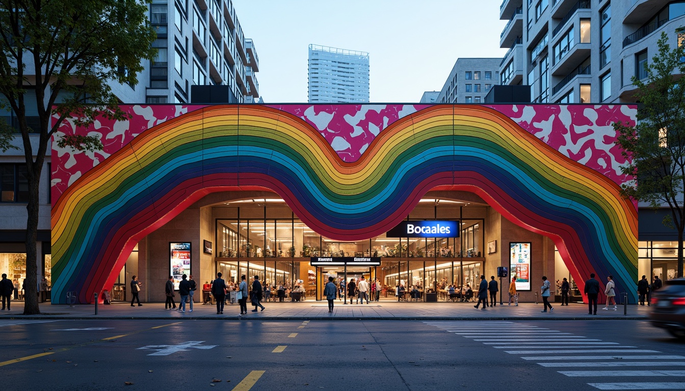 Prompt: Vibrant bus station, expressive facade design, bold color blocking, abstract geometric patterns, irregular shapes, dynamic angular lines, futuristic curves, neon lights, urban cityscape, bustling streets, morning rush hour, soft warm lighting, shallow depth of field, 3/4 composition, panoramic view, realistic textures, ambient occlusion.