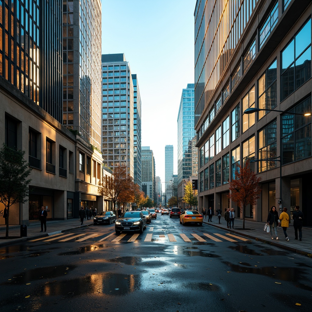 Prompt: Vibrant urban landscape, modern skyscrapers, sleek glass facades, metallic accents, bold geometric patterns, rich earthy tones, deep blues, warm golden hues, contrasting textures, atmospheric mist, soft natural light, 3/4 composition, shallow depth of field, panoramic view, realistic reflections, ambient occlusion.