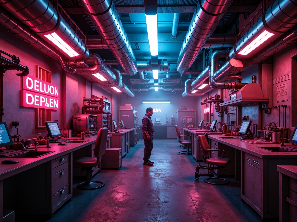 Prompt: Distorted laboratory facades, eerie neon lights, metallic surfaces, industrial pipes, steam punk elements, futuristic machinery, bold geometric shapes, vibrant acidic colors, experimental equipment, mysterious smoke effects, dark atmospheric lighting, shallow depth of field, 1/1 composition, low-angle shot, realistic textures, ambient occlusion.