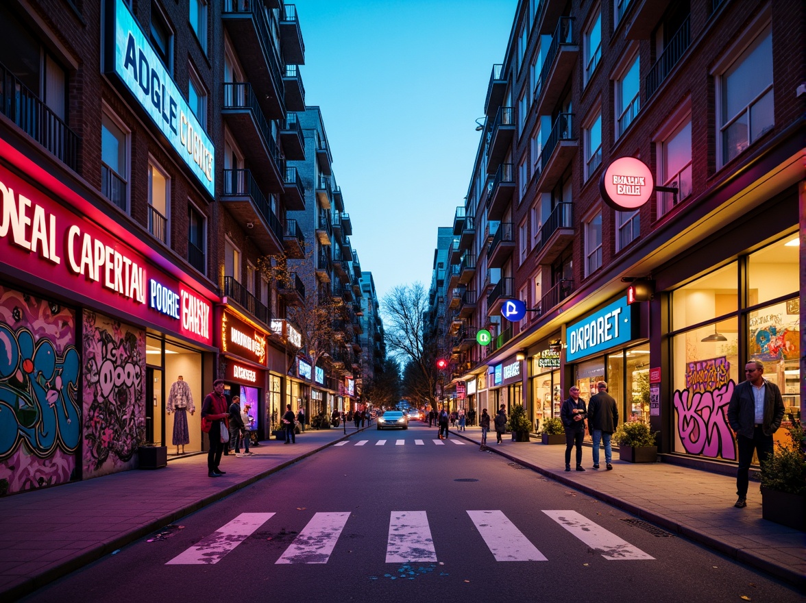 Prompt: Vibrant city street, neon lights, bold graffiti, eclectic shopfronts, bright billboards, lively pedestrians, warm sunny day, shallow depth of field, 3/4 composition, cinematic lighting, high contrast colors, deep blues, hot pinks, electric yellows, lime greens, rich textures, intricate patterns.