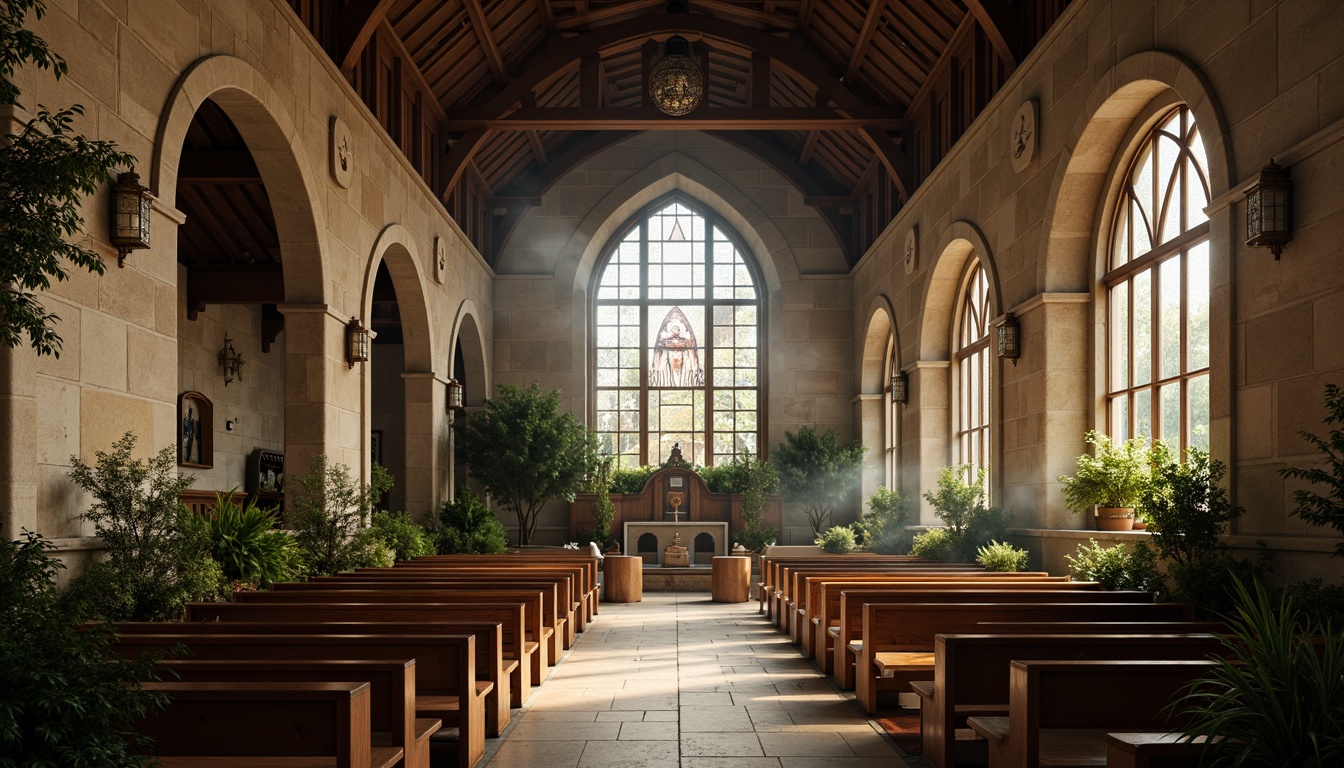 Prompt: Rustic stone walls, ornate wooden pews, stained glass windows, grandiose vaulted ceilings, intricate carvings, natural materials, earthy tones, spiritual ambiance, soft warm lighting, atmospheric fog, shallow depth of field, 1/1 composition, symmetrical framing, ornate metalwork, sacred symbols, lush greenery, misty atmosphere, mystical aura, ambient occlusion.