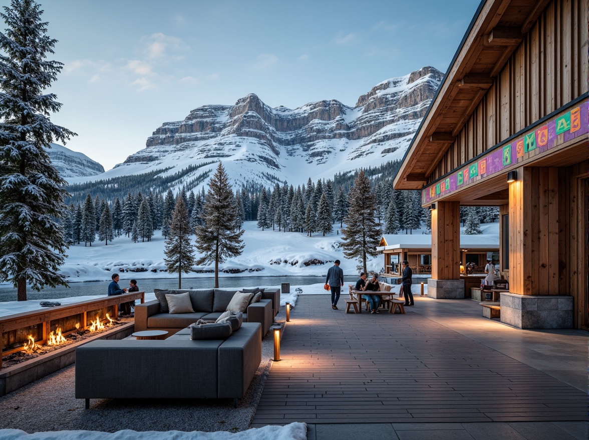 Prompt: Snow-capped mountains, rustic wooden lodges, warm fireplaces, comfortable couches, modern ski equipment, sleek metallic rails, vibrant colorful signage, snowy terrain, frozen lakes, winter wonderland, natural stone walls, earthy tones, cozy ambiance, soft warm lighting, shallow depth of field, 3/4 composition, panoramic view, realistic textures, ambient occlusion.