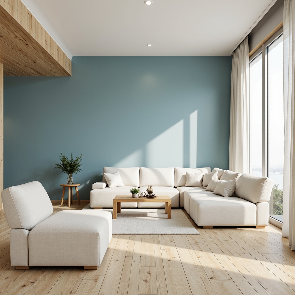 Prompt: Powder blue accent wall, soft cream furnishings, warm beige flooring, natural wood textures, minimalist decor, modern Scandinavian design, airy open space, large windows, abundant natural light, subtle gradient effects, gentle misty atmosphere, shallow depth of field, 1/2 composition, realistic renderings, ambient occlusion.