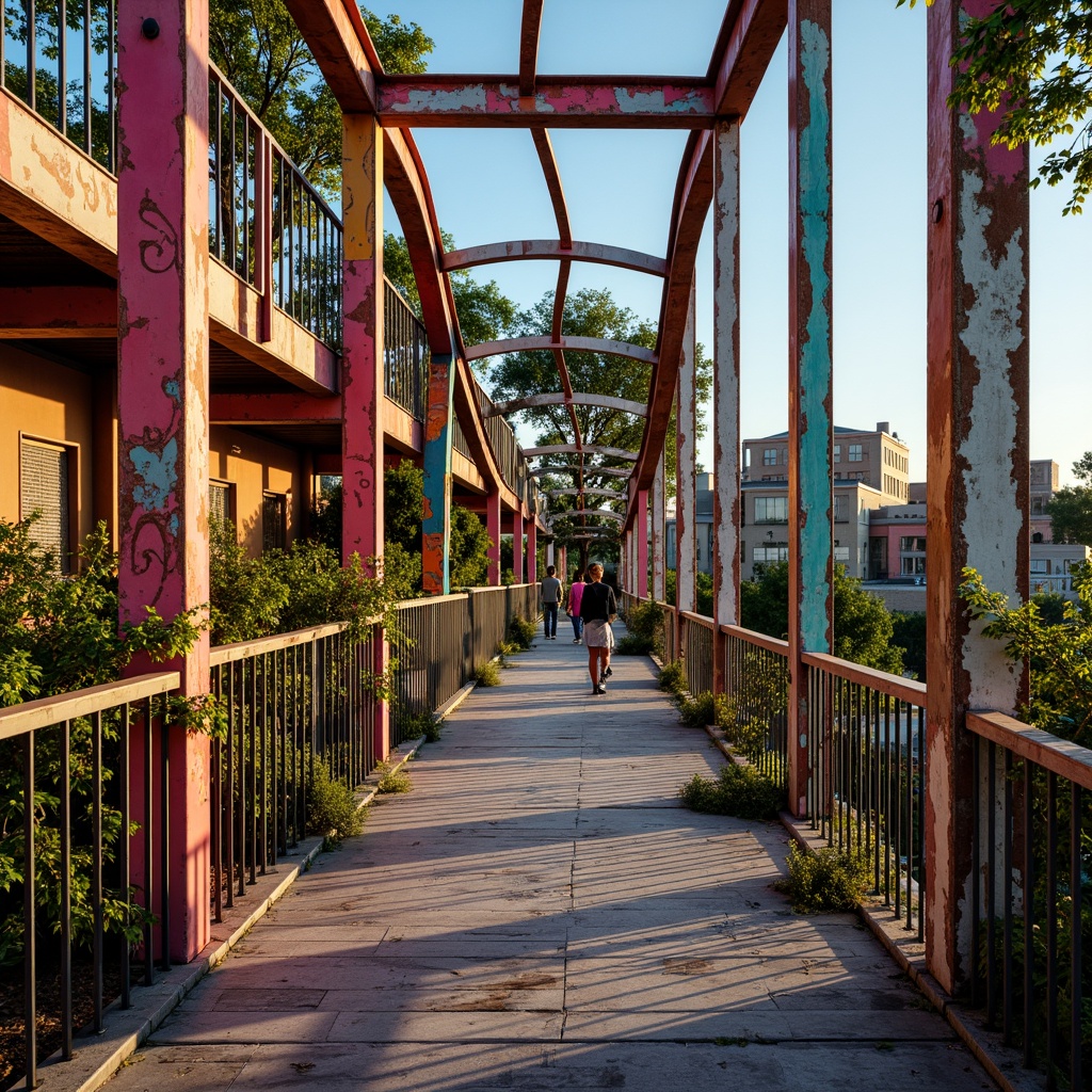 Prompt: Vibrant eclectic bridge, bold steel arches, rustic wooden planks, distressed metal railings, ornate bronze ornaments, rough-hewn stone pillars, colorful mosaic tiles, intricate patterned concrete, abstract geometric shapes, playful mix of materials, eclectic blend of styles, dynamic curvaceous lines, dramatic lighting effects, warm golden hour ambiance, shallow depth of field, 1/2 composition, realistic textures, ambient occlusion.