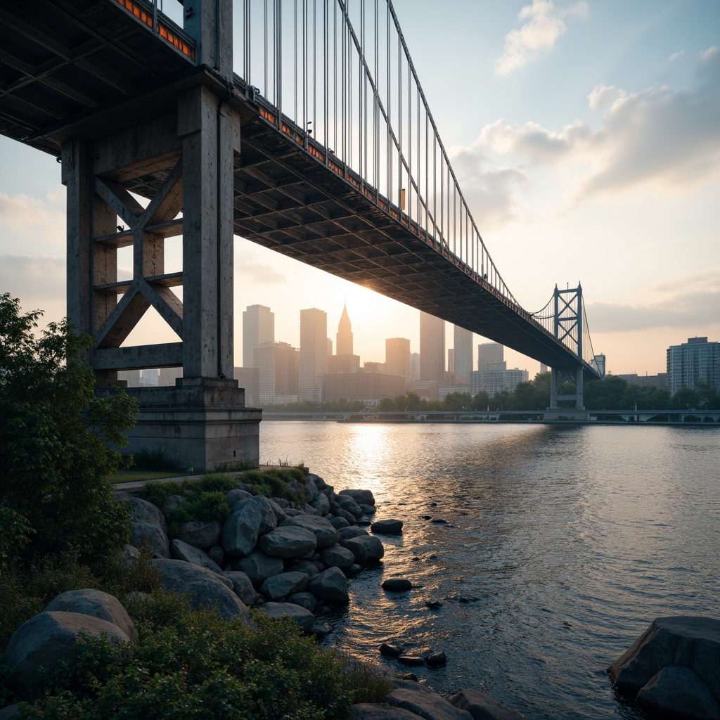 Prompt: Majestic bridge, steel arches, suspension cables, urban skyline, misty morning, warm golden light, soft mist, gentle river flow, natural stone piers, industrial metallic textures, modern architectural style, sleek lines, vibrant orange accents, deep blue tones, subtle green hues, atmospheric perspective, shallow depth of field, 2/3 composition, dramatic lighting, realistic reflections.