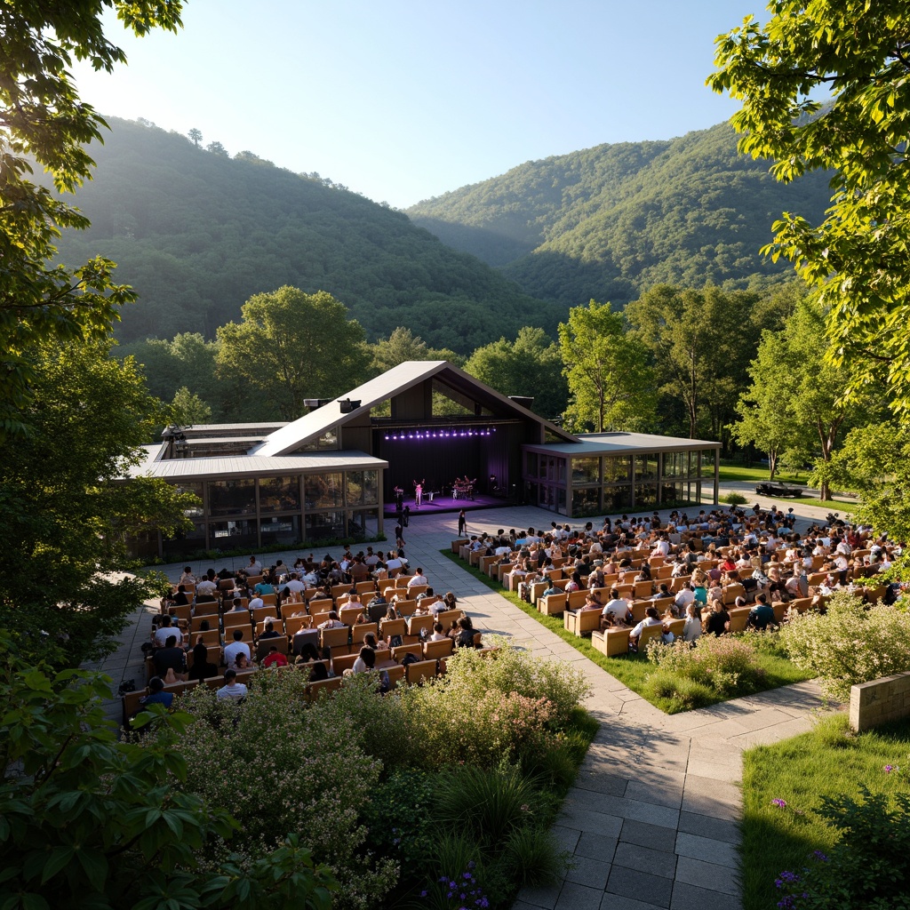 Prompt: Vibrant outdoor amphitheater, lush green hills, serene forest backdrop, modern music venue architecture, sleek metal fa\u00e7ade, angular lines, glass walls, open-air performance stage, state-of-the-art sound systems, LED lighting installations, eco-friendly seating areas, natural stone pathways, blooming flowers, sunny day, warm golden lighting, shallow depth of field, 3/4 composition, panoramic view, realistic textures, ambient occlusion.