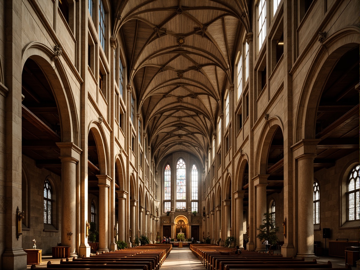 Prompt: Grand stone cathedral, vaulted ceilings, ribbed arches, ornate carvings, stained glass windows, intricate mosaics, ornamental columns, rounded apses, grandiose naves, symmetrical fa\u00e7ades, rusticated stones, warm golden lighting, dramatic shadows, 1/2 composition, low-angle shot, atmospheric perspective, rich textures, subtle color grading.