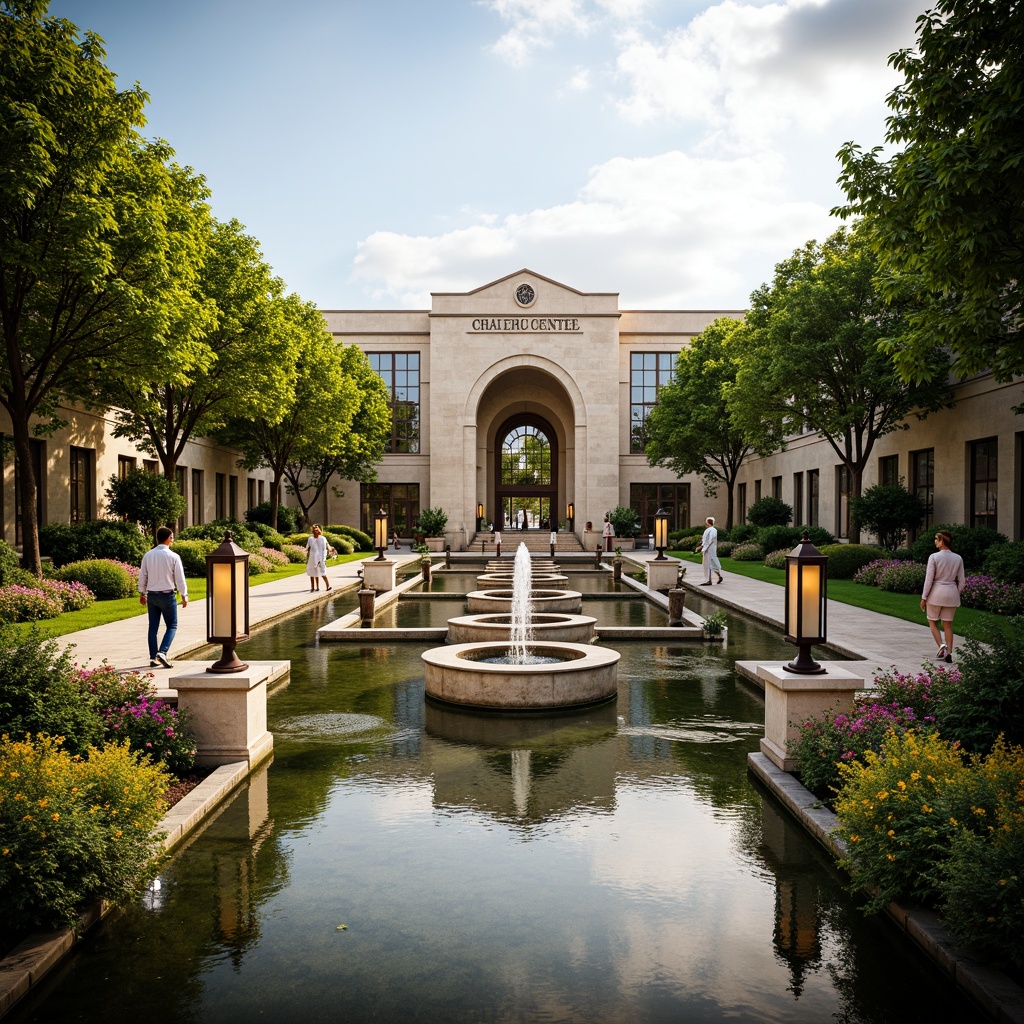 Prompt: Majestic healthcare center, symmetrical gardens, ornate fountains, walking paths, lush greenery, vibrant flowers, decorative lanterns, natural stone walls, columns, arches, grand entrance, elegant water features, serene atmosphere, soft warm lighting, shallow depth of field, 3/4 composition, panoramic view, realistic textures, ambient occlusion.